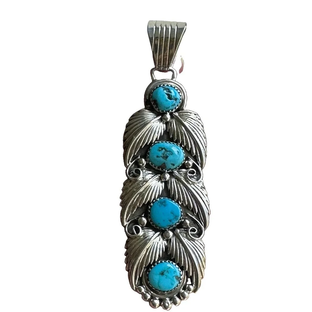 Vintage Running Bear RB Navajo Pendant 3.5 Inch Turquoise 925 Sterling 19.6g NOS